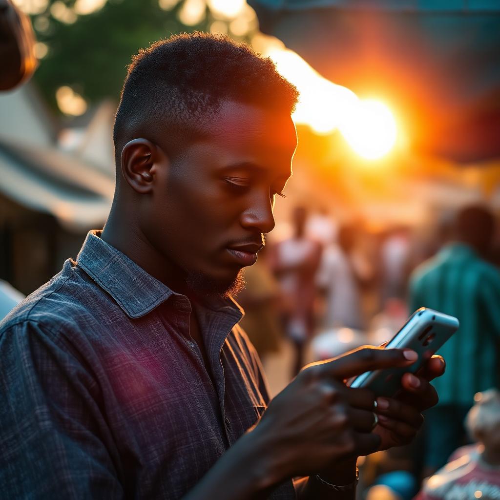 A young Nigerian entrepreneur using Credafi on WhatsApp at a Lagos market